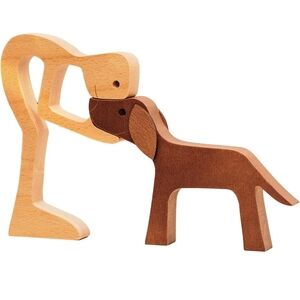 Artisan Wooden Dog and Owner Sculpture - Natural and Brown